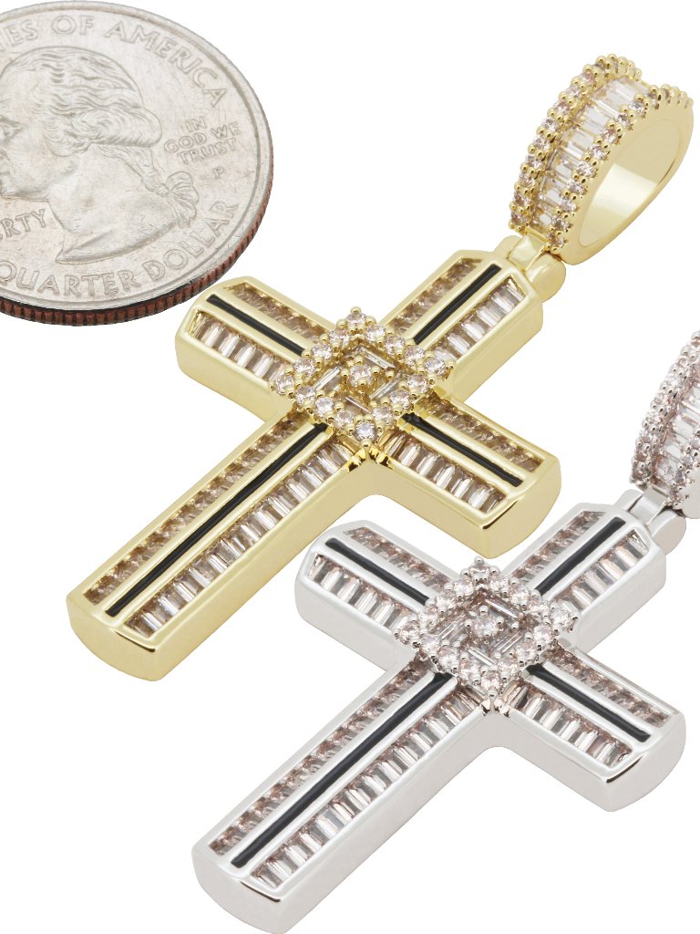 14k Yellow/White Gold Plated Aaa Cz Black Inlay Baguette Cross Pendant